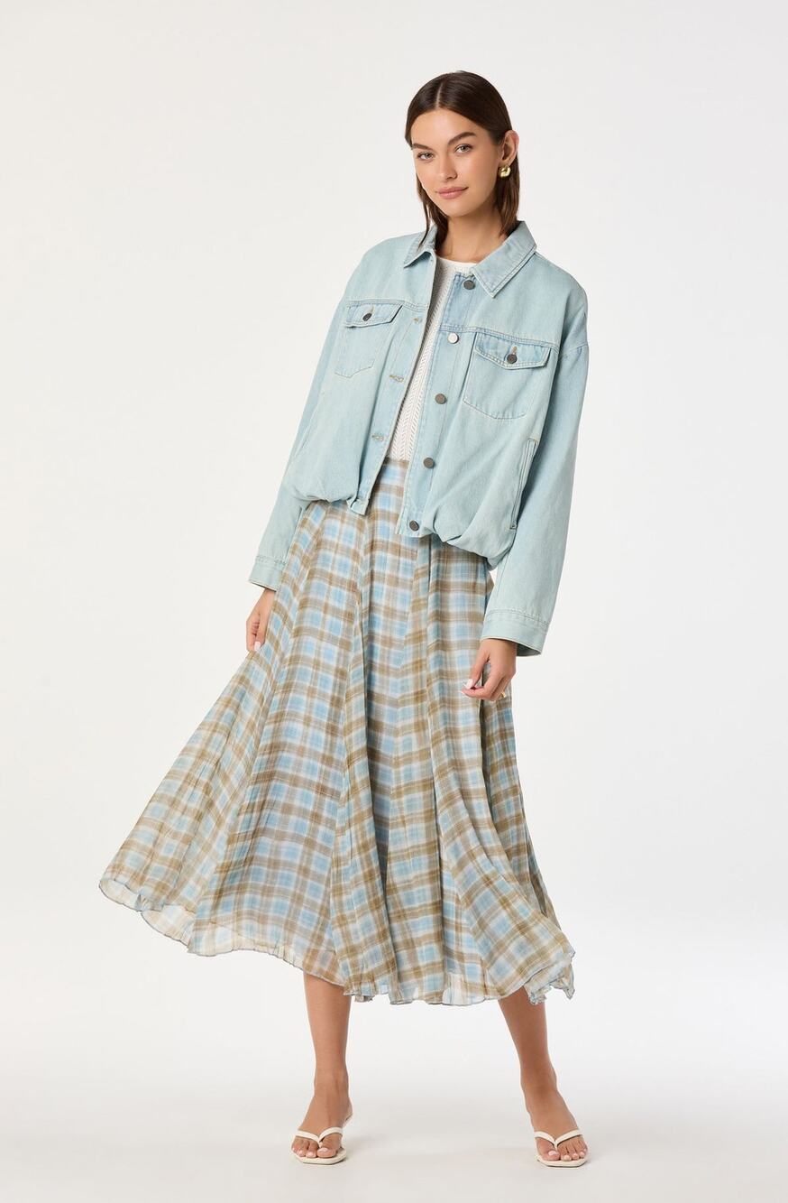 ASTR The Label Small Blue Brown Plaid Fiori Pleated Maxi Skirt